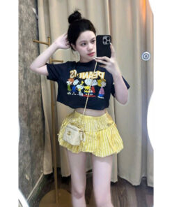 Set Bộ Nữ Áo Croptop Cộc Tay In Hình Dễ Thương Mix Quần Bí Kẻ Sọc Tôn Dáng Hottrend Thời Trang Nữ