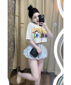 Set Bộ Nữ Áo Croptop Cộc Tay In Hình Dễ Thương Mix Quần Bí Kẻ Sọc Tôn Dáng Hottrend Thời Trang Nữ