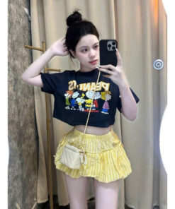 Set Bộ Nữ Áo Croptop Cộc Tay In Hình Dễ Thương Mix Quần Bí Kẻ Sọc Tôn Dáng Hottrend Thời Trang Nữ