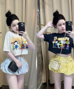 Set Bộ Nữ Áo Croptop Cộc Tay In Hình Dễ Thương Mix Quần Bí Kẻ Sọc Tôn Dáng Hottrend Thời Trang Nữ