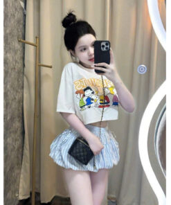 Set Bộ Nữ Áo Croptop Cộc Tay In Hình Dễ Thương Mix Quần Bí Kẻ Sọc Tôn Dáng Hottrend Thời Trang Nữ