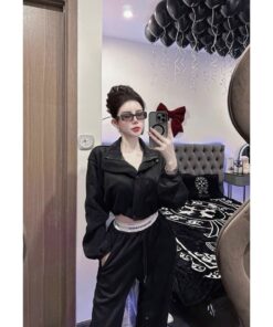 Set Nỉ Nữ Croptop Cá Tính – Áo Khoác Ngắn + Quần Jogger, Phong Cách Streetwear