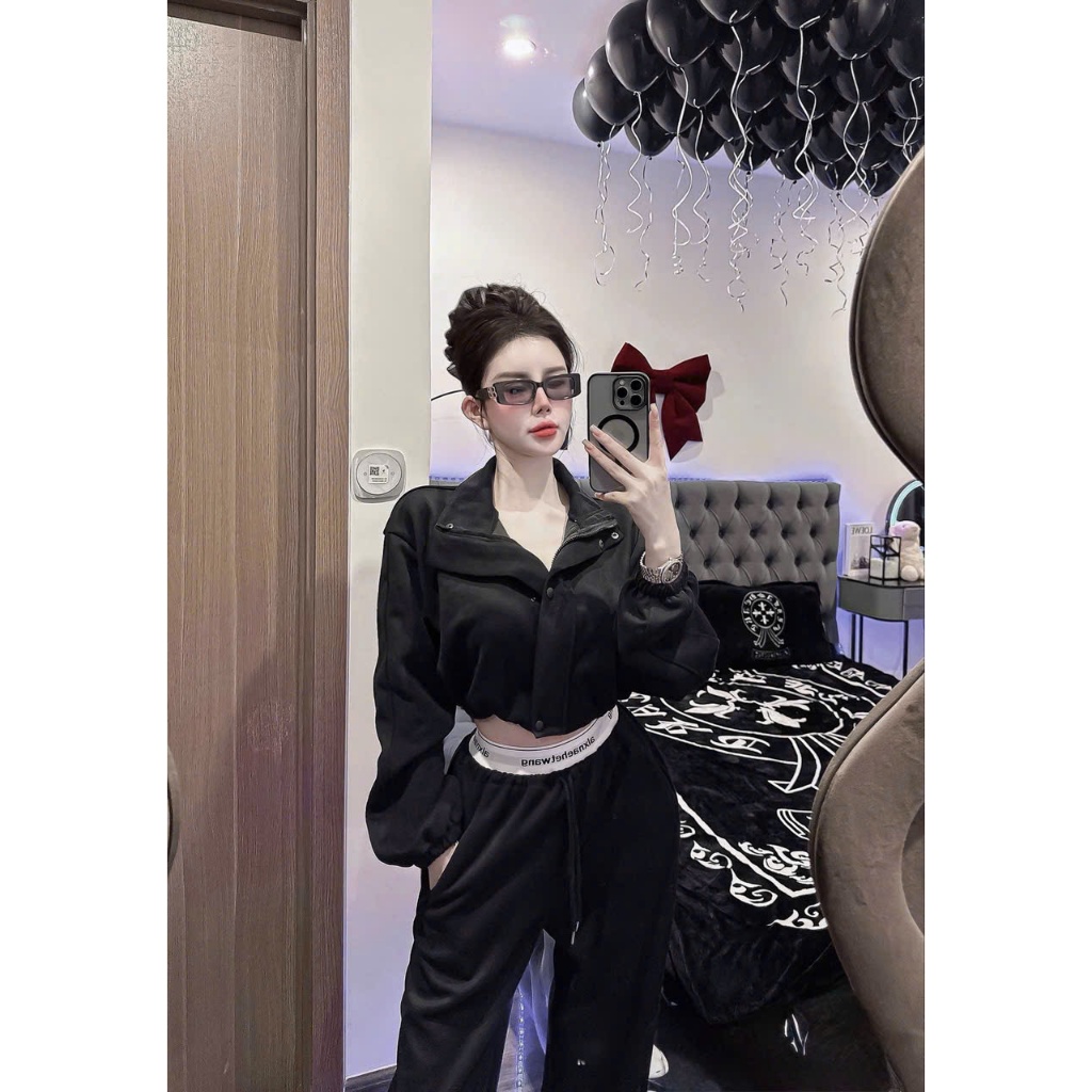 Set Nỉ Nữ Croptop Cá Tính – Áo Khoác Ngắn + Quần Jogger, Phong Cách Streetwear