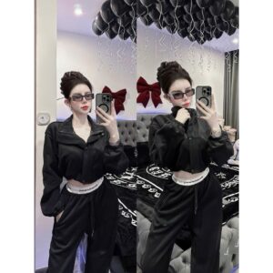Set Nỉ Nữ Croptop Cá Tính – Áo Khoác Ngắn + Quần Jogger, Phong Cách Streetwear