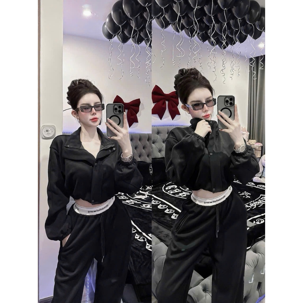 Set Nỉ Nữ Croptop Cá Tính – Áo Khoác Ngắn + Quần Jogger, Phong Cách Streetwear