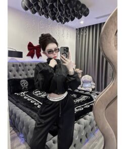 Set Nỉ Nữ Croptop Cá Tính – Áo Khoác Ngắn + Quần Jogger, Phong Cách Streetwear