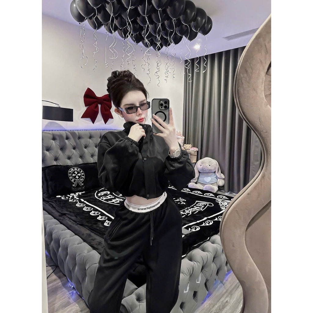Set Nỉ Nữ Croptop Cá Tính – Áo Khoác Ngắn + Quần Jogger, Phong Cách Streetwear
