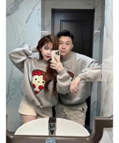 Áo sweater nữ Hello Kitty form rộng – Áo nỉ oversize in hình pizza cá tính, dễ thương