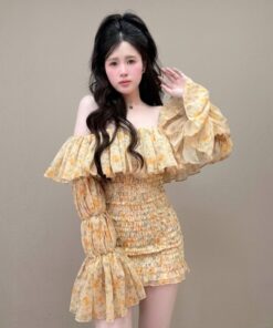 Váy Trễ Vai Nữ Dài Tay Dáng Bồng Họa Tiết Hoa Dễ Thương Đi Chơi Đi Tiệc Tôn Dáng Xinh