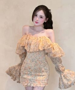 Váy Trễ Vai Nữ Dài Tay Dáng Bồng Họa Tiết Hoa Dễ Thương Đi Chơi Đi Tiệc Tôn Dáng Xinh
