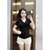 Set Áo Thun Cổ Tim Thêu Logo Phối Quần Short Cạp Cao – Basic Mà Tôn Dáng