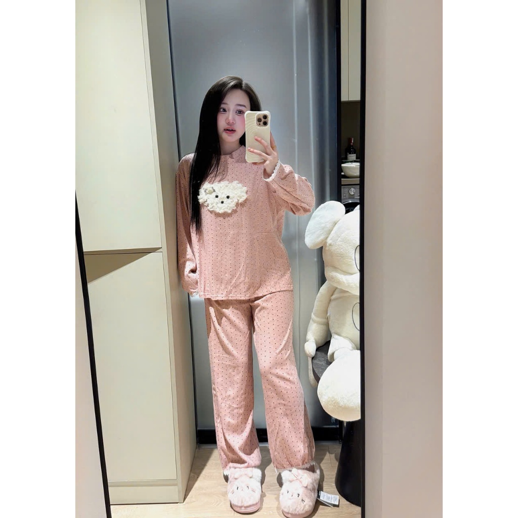 Bộ Đồ Ngủ Nữ Pijama Dài Tay Chấm Bi – Chất Cotton Mềm Mịn, Form Rộng Dễ Thương