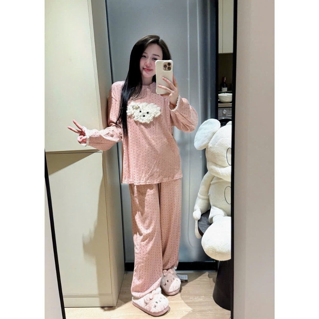 Bộ Đồ Ngủ Nữ Pijama Dài Tay Chấm Bi – Chất Cotton Mềm Mịn, Form Rộng Dễ Thương