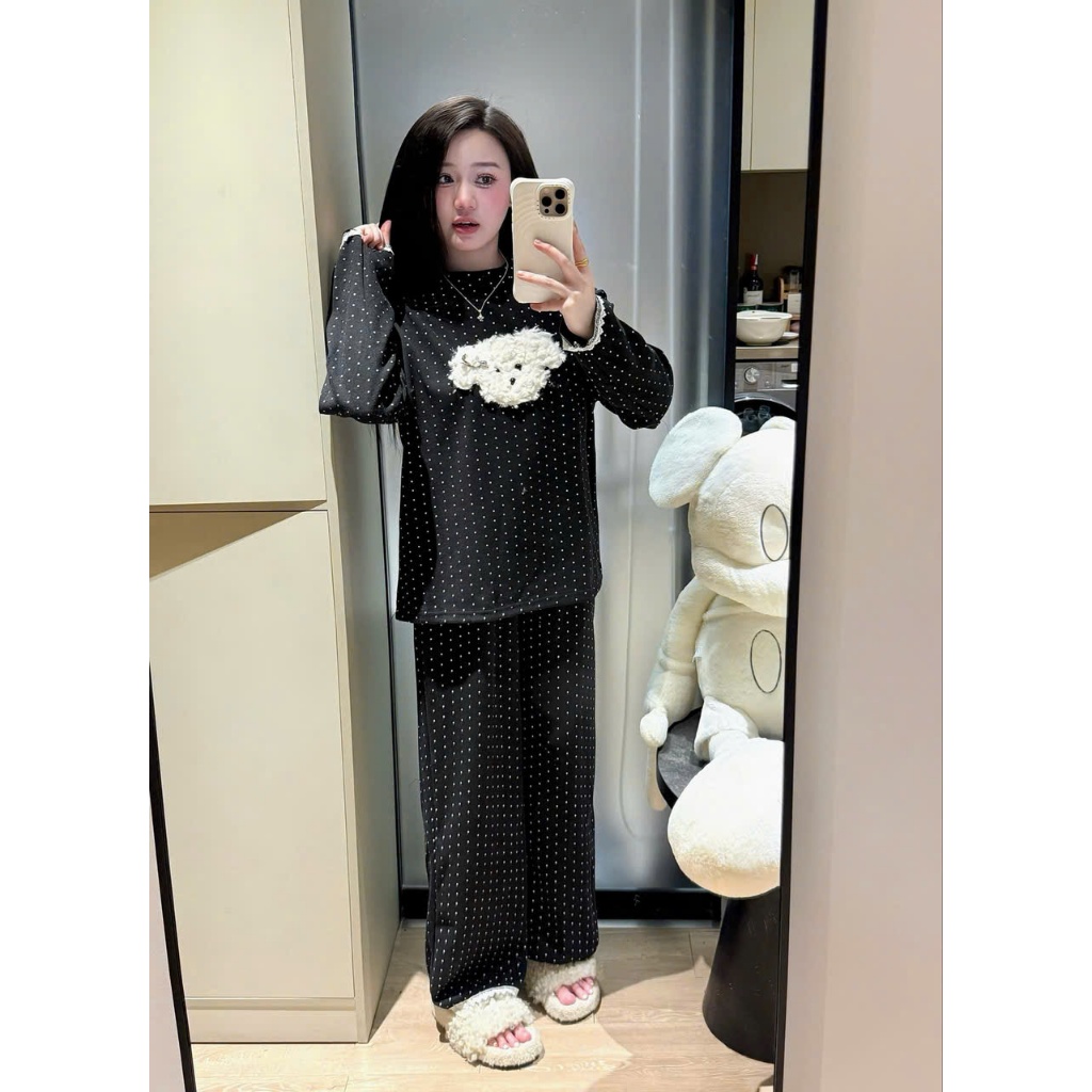 Bộ Đồ Ngủ Nữ Pijama Dài Tay Chấm Bi – Chất Cotton Mềm Mịn, Form Rộng Dễ Thương