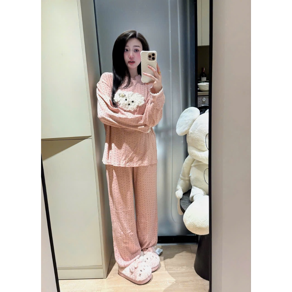 Bộ Đồ Ngủ Nữ Pijama Dài Tay Chấm Bi – Chất Cotton Mềm Mịn, Form Rộng Dễ Thương
