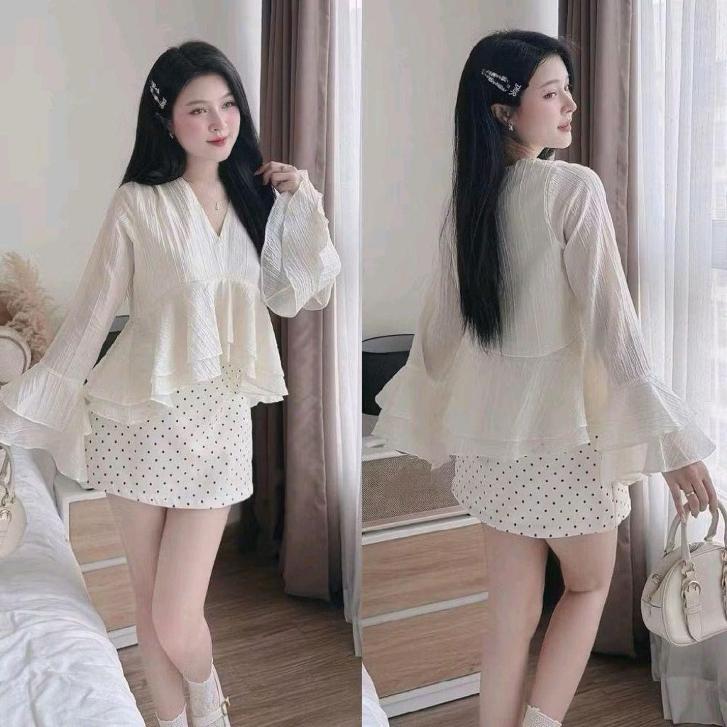 Set Áo Nữ Cổ V Phối Bèo Tay Chất Tơ Giấy Mềm Mại Kèm Chân Váy Bi, Bộ Áo Váy Nữ Đi Chơi