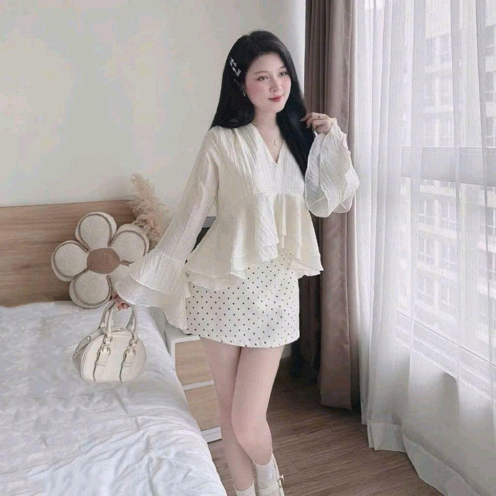 Set Áo Nữ Cổ V Phối Bèo Tay Chất Tơ Giấy Mềm Mại Kèm Chân Váy Bi, Bộ Áo Váy Nữ Đi Chơi
