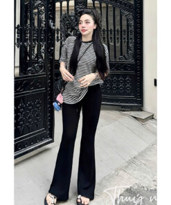 Set Bộ Nữ Áo Phông Kẻ Cộc Tay Mix Quần Xuông Ống Loe Siêu Xinh Dễ Mặc Hottrend