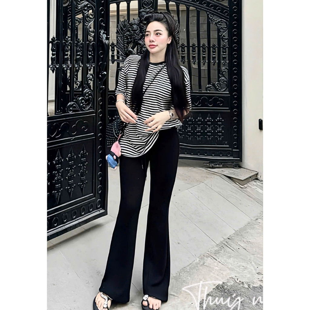 Set Bộ Nữ Áo Phông Kẻ Cộc Tay Mix Quần Xuông Ống Loe Siêu Xinh Dễ Mặc Hottrend