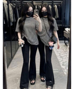 Set Bộ Nữ Áo Phông Kẻ Cộc Tay Mix Quần Xuông Ống Loe Siêu Xinh Dễ Mặc Hottrend