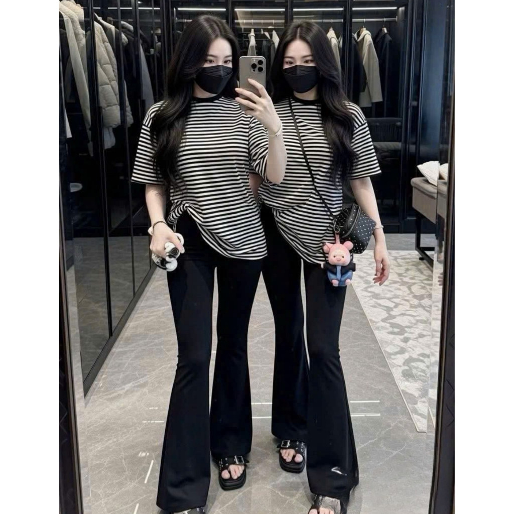 Set Bộ Nữ Áo Phông Kẻ Cộc Tay Mix Quần Xuông Ống Loe Siêu Xinh Dễ Mặc Hottrend