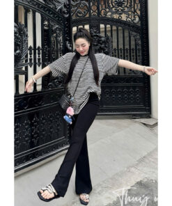 Set Bộ Nữ Áo Phông Kẻ Cộc Tay Mix Quần Xuông Ống Loe Siêu Xinh Dễ Mặc Hottrend