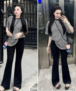 Set Bộ Nữ Áo Phông Kẻ Cộc Tay Mix Quần Xuông Ống Loe Siêu Xinh Dễ Mặc Hottrend