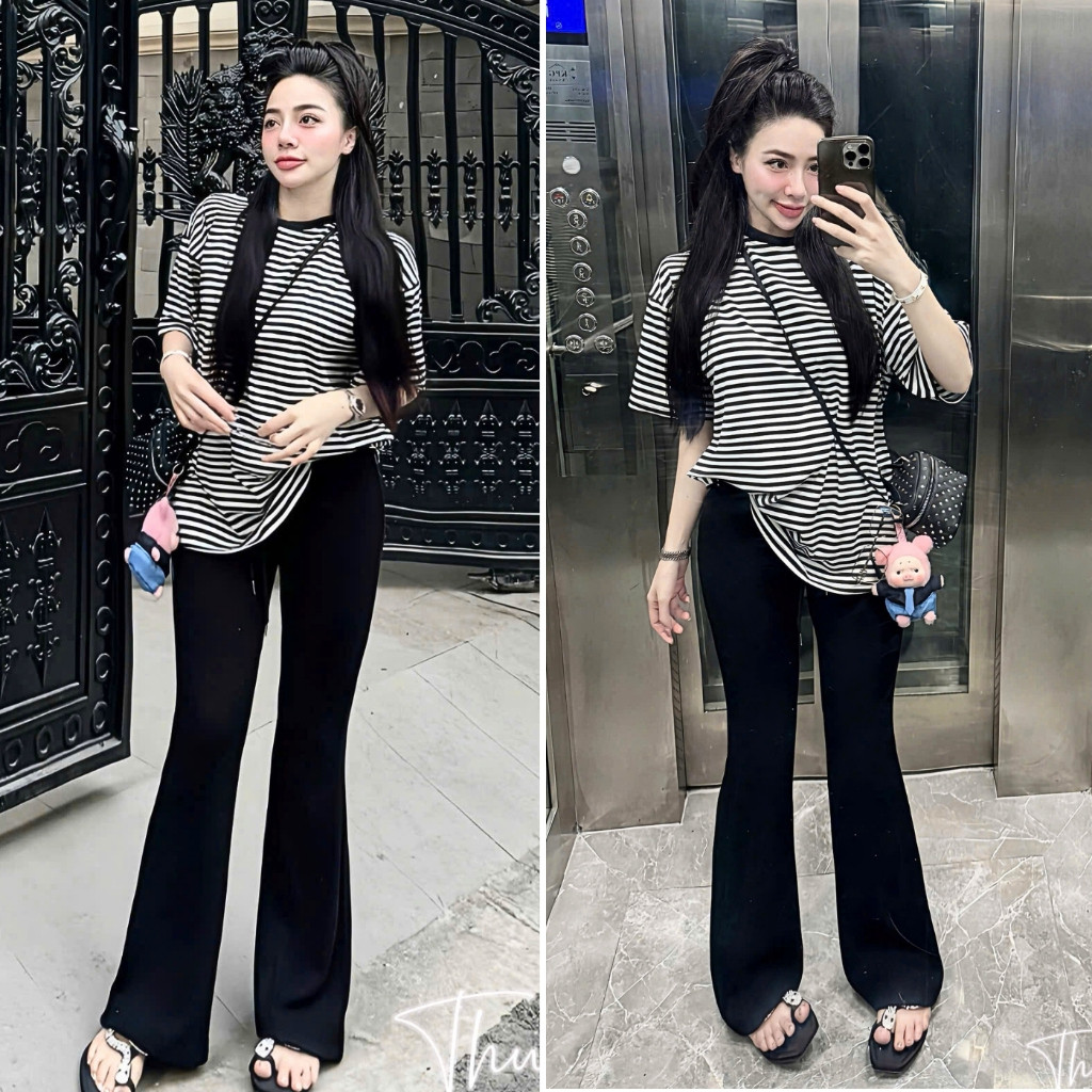 Set Bộ Nữ Áo Phông Kẻ Cộc Tay Mix Quần Xuông Ống Loe Siêu Xinh Dễ Mặc Hottrend