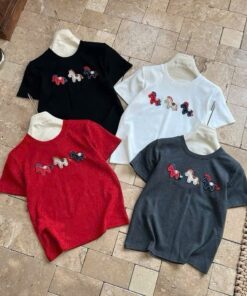Áo Thun Ngắn Tay Thêu Hình Ngựa Dễ Thương – Chất Cotton Mềm Mịn, Nhiều Màu Trẻ Trung