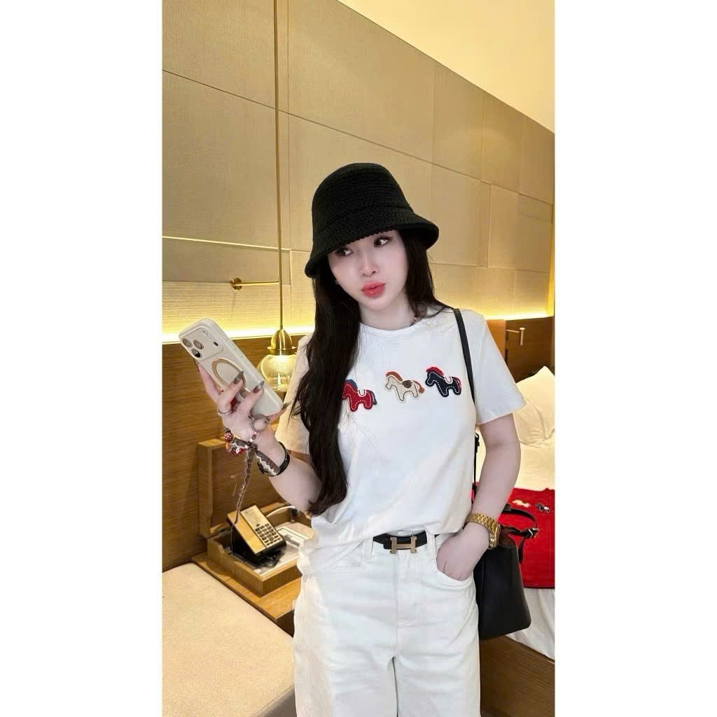 Áo Thun Ngắn Tay Thêu Hình Ngựa Dễ Thương – Chất Cotton Mềm Mịn, Nhiều Màu Trẻ Trung