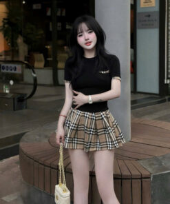 Set Bộ Nữ Áo Bozip Ôm Dáng Phối Viền Kẻ Mix Váy Xếp Ly Kẻ Siêu Xinh Dễ Thương Sang Chảnh Tôn Dáng