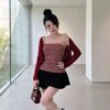 Set Áo Cadigan Đỏ Kèm Quây Kẻ Mix Chân Váy Đen Xinh, Bộ Nữ Đi Chơi, Set Đồ Nữ Top Women