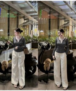 Sét bộ áo thun dài tay kẻ sọc họa tiết Đóng cúc xinh xắn + Quần dài ống rộng Đứng from mặc tôn dáng
