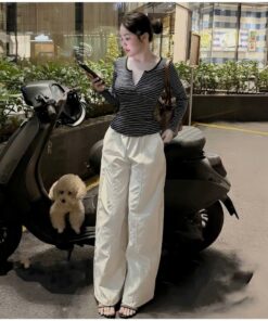 Sét bộ áo thun dài tay kẻ sọc họa tiết Đóng cúc xinh xắn + Quần dài ống rộng Đứng from mặc tôn dáng