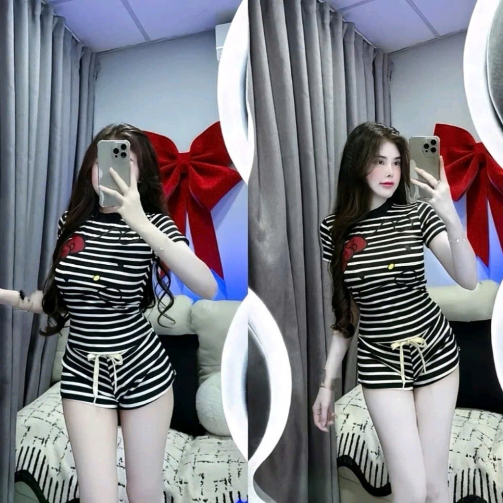 Set Bộ Nữ Áo Croptop Ôm Dáng Kẻ Sọc In Kitty Phối Quần Short Lưng Cao Siêu Tôn Dáng