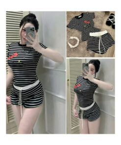 Set Bộ Nữ Áo Croptop Ôm Dáng Kẻ Sọc In Kitty Phối Quần Short Lưng Cao Siêu Tôn Dáng