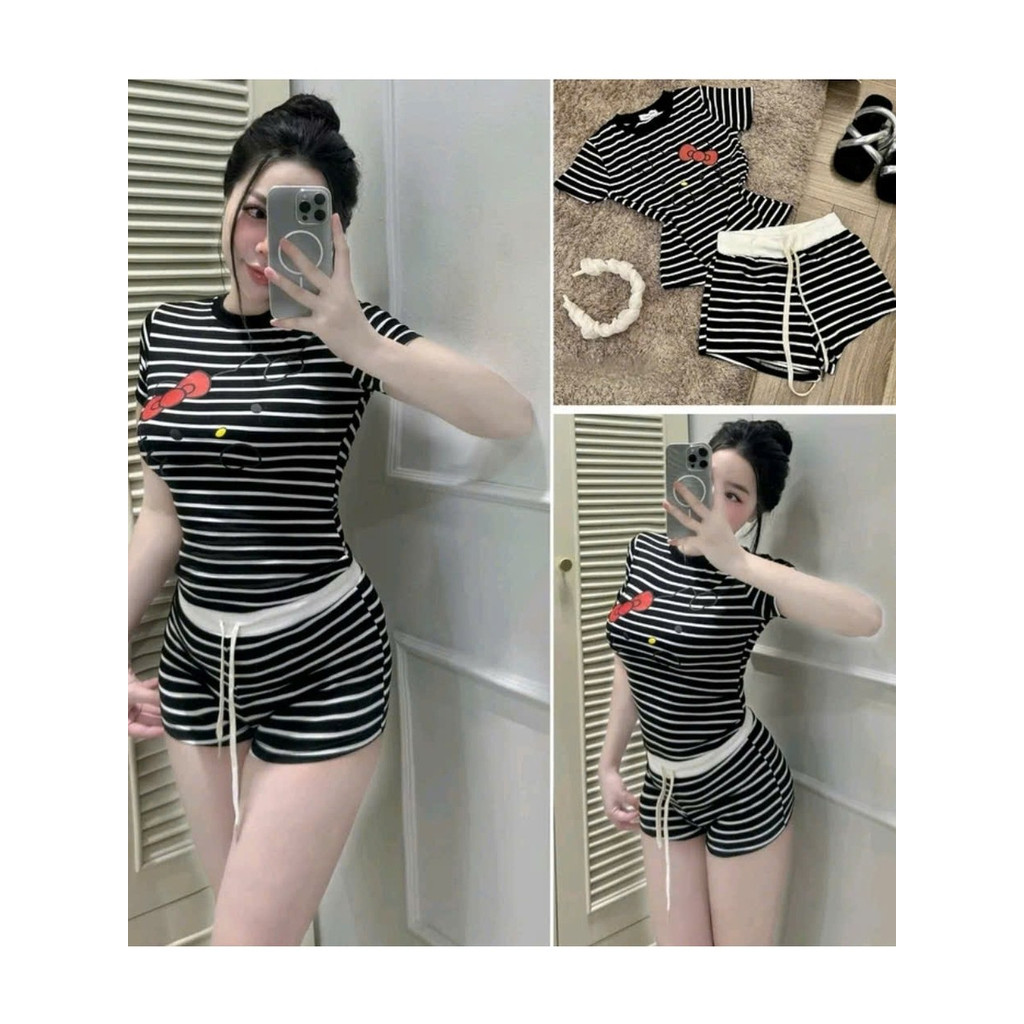 Set Bộ Nữ Áo Croptop Ôm Dáng Kẻ Sọc In Kitty Phối Quần Short Lưng Cao Siêu Tôn Dáng