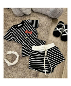 Set Bộ Nữ Áo Croptop Ôm Dáng Kẻ Sọc In Kitty Phối Quần Short Lưng Cao Siêu Tôn Dáng