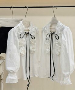 Áo Sơ Mi Trắng Cổ Bèo Hoa 3D Phối Nơ Đen – Áo Kiểu Nữ Tay Phồng Thanh Lịch