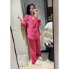 Set Bộ Dài Tay Thêu Logo Chuột Kèm Quần Dài Ống Suông Màu Hồng, Bộ Pijama Hồng Dài Tay Thêu Logo Ngực Xinh