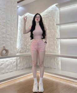 Set Áo Trơn Croptop Tay Ngắn Kèm Quần Đùi Cạp Cao Dây Rút Ôm Body, Bộ Croptop Trơn Tôn Dáng