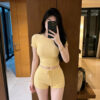 Set Áo Trơn Croptop Tay Ngắn Kèm Quần Đùi Cạp Cao Dây Rút Ôm Body, Bộ Croptop Trơn Tôn Dáng