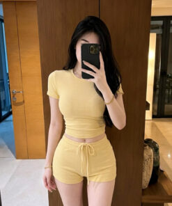 Set Áo Trơn Croptop Tay Ngắn Kèm Quần Đùi Cạp Cao Dây Rút Ôm Body, Bộ Croptop Trơn Tôn Dáng