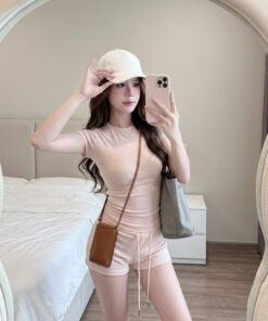 Set Áo Trơn Croptop Tay Ngắn Kèm Quần Đùi Cạp Cao Dây Rút Ôm Body, Bộ Croptop Trơn Tôn Dáng