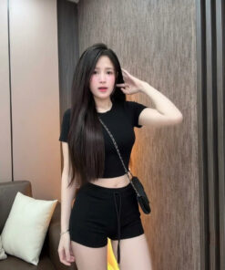 Set Áo Trơn Croptop Tay Ngắn Kèm Quần Đùi Cạp Cao Dây Rút Ôm Body, Bộ Croptop Trơn Tôn Dáng