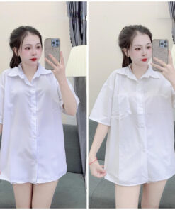 Áo Sơ Mi Trắng Tay Lỡ Túi Ngực Form Rộng - Áo Sơ Mi Đi Học Cộc Tay Chất Thô Mềm