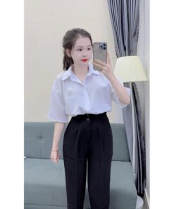 Áo Sơ Mi Trắng Tay Lỡ Túi Ngực Form Rộng - Áo Sơ Mi Đi Học Cộc Tay Chất Thô Mềm