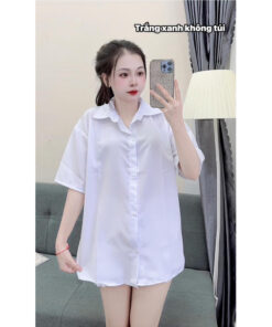 Áo Sơ Mi Trắng Tay Lỡ Túi Ngực Form Rộng - Áo Sơ Mi Đi Học Cộc Tay Chất Thô Mềm