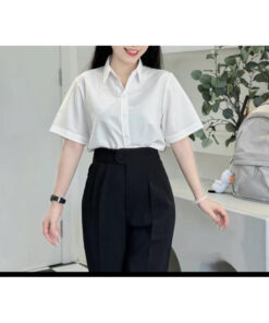 Áo Sơ Mi Trắng Tay Lỡ Túi Ngực Form Rộng - Áo Sơ Mi Đi Học Cộc Tay Chất Thô Mềm
