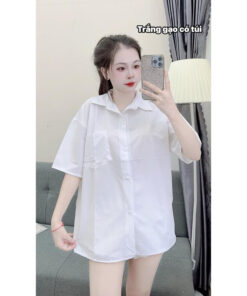 Áo Sơ Mi Trắng Tay Lỡ Túi Ngực Form Rộng - Áo Sơ Mi Đi Học Cộc Tay Chất Thô Mềm